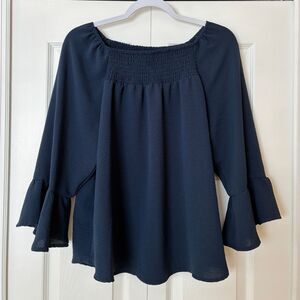 Ava & Grace Top Petite L Navy Smocked Peasant Blouse Boho Cottagecore Flowy